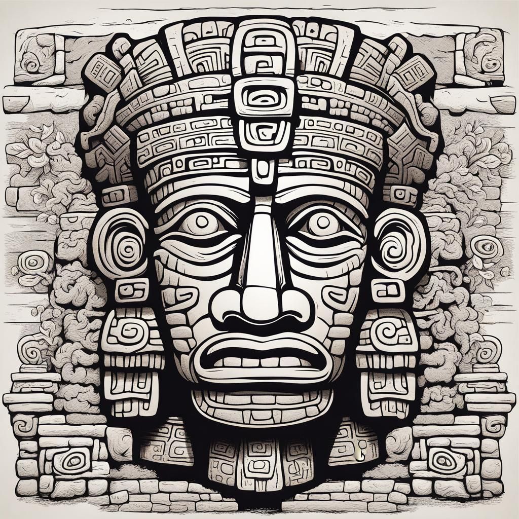 Mayan Sculpture Head in Comic Style