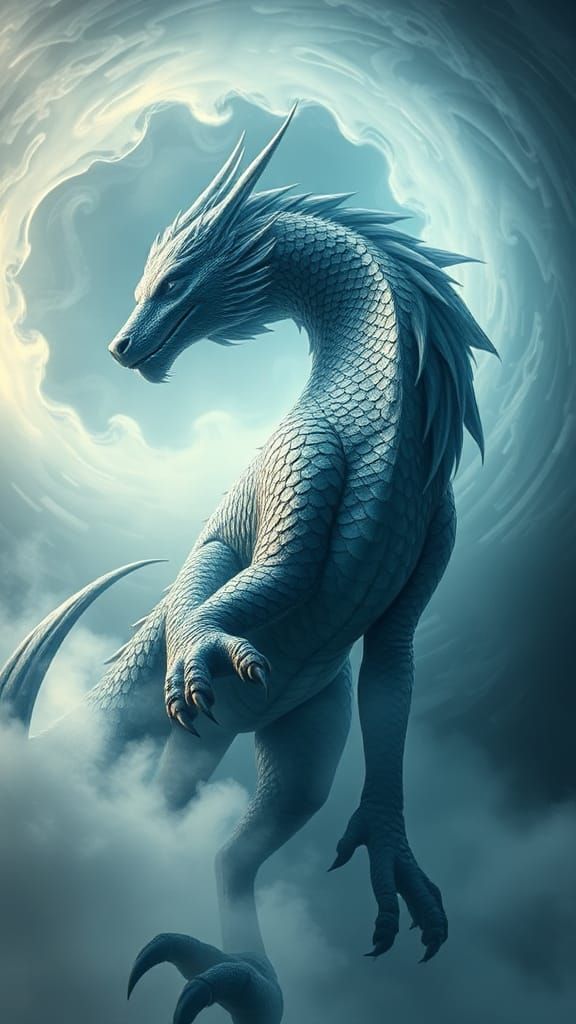 Majestic Dragon-Werewolf Hybrid in Ethereal Mist