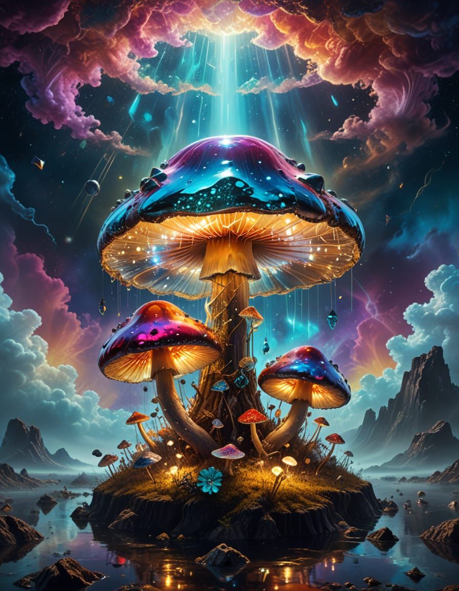 Ethereal Cosmic Mushroom in Vibrant Outer Space