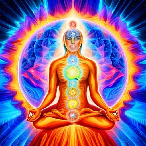 Psychedelic Meditation with Galaxies in Alex Grey Style