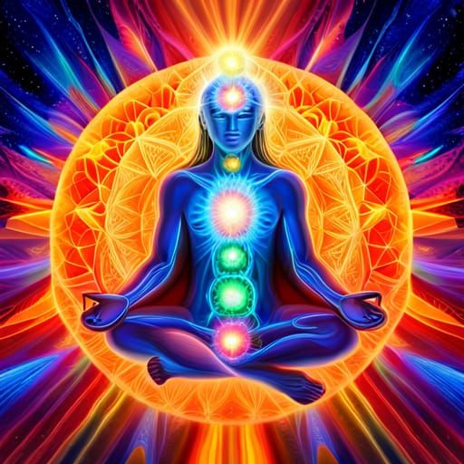 Psychedelic Meditation with Chakras in Alex Grey Style
