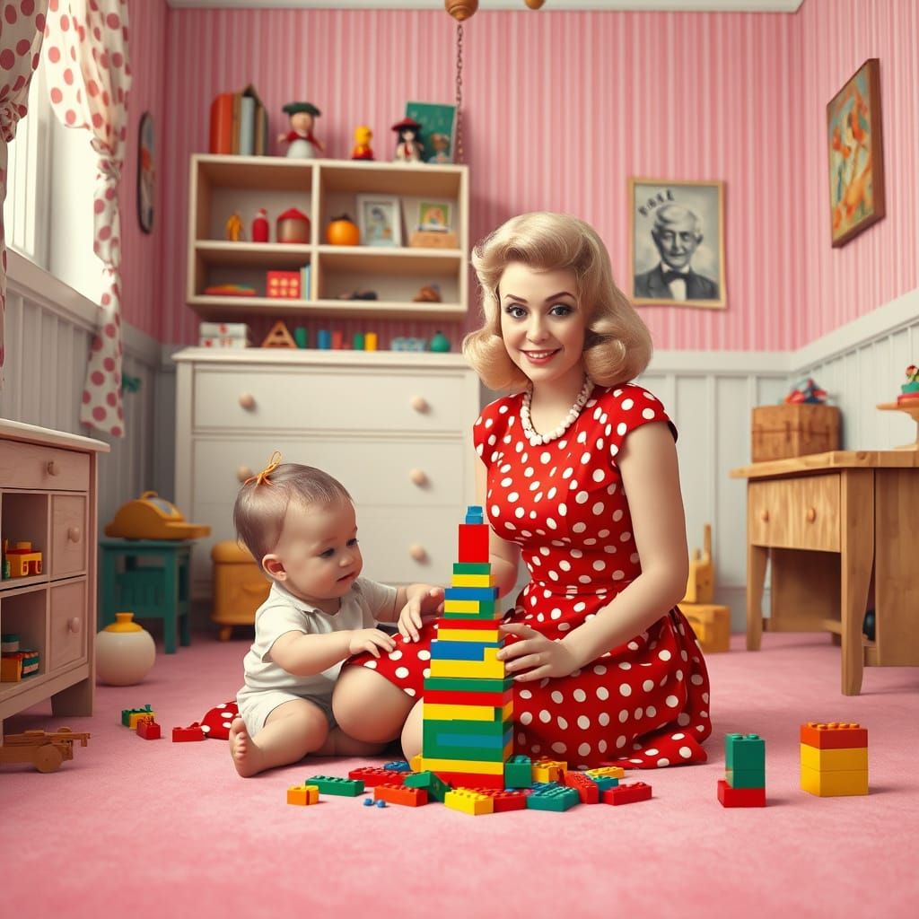 50s Pinup Girl Plays with Child in Vintage Nursery Scene
