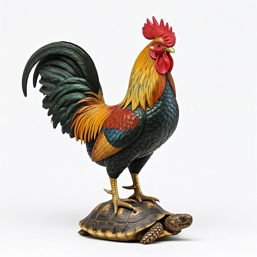 Rooster Perched on Tortoise in Whimsical Illustration Style