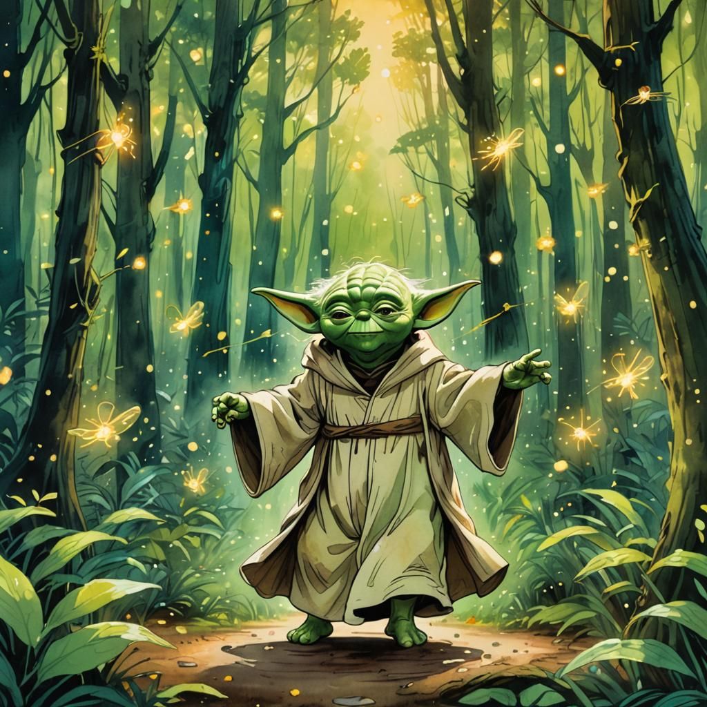 Yoda Dances in Lush Forest, Ghibli-Inspired Art