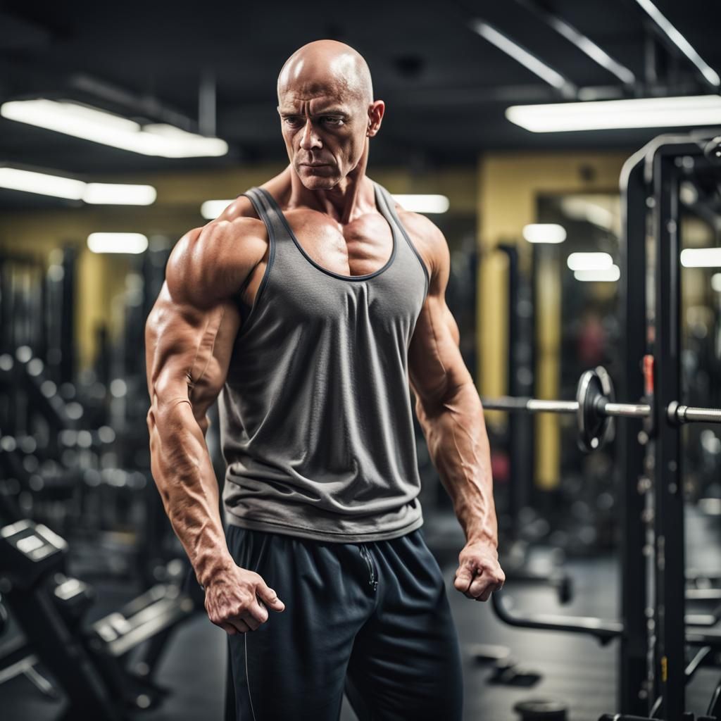 Muscular Bald Man Working Out in Gym