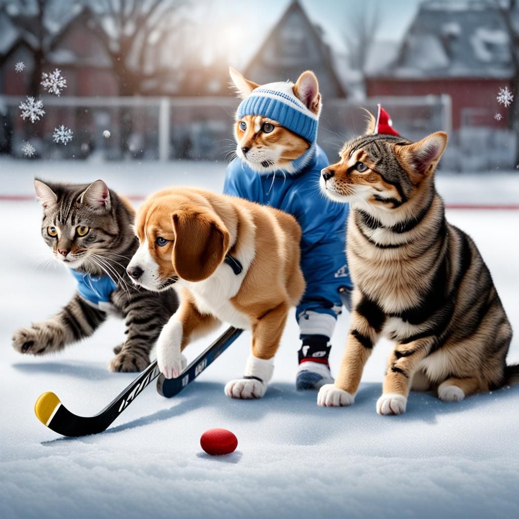 Dogs and Cats Play Hockey in Winter