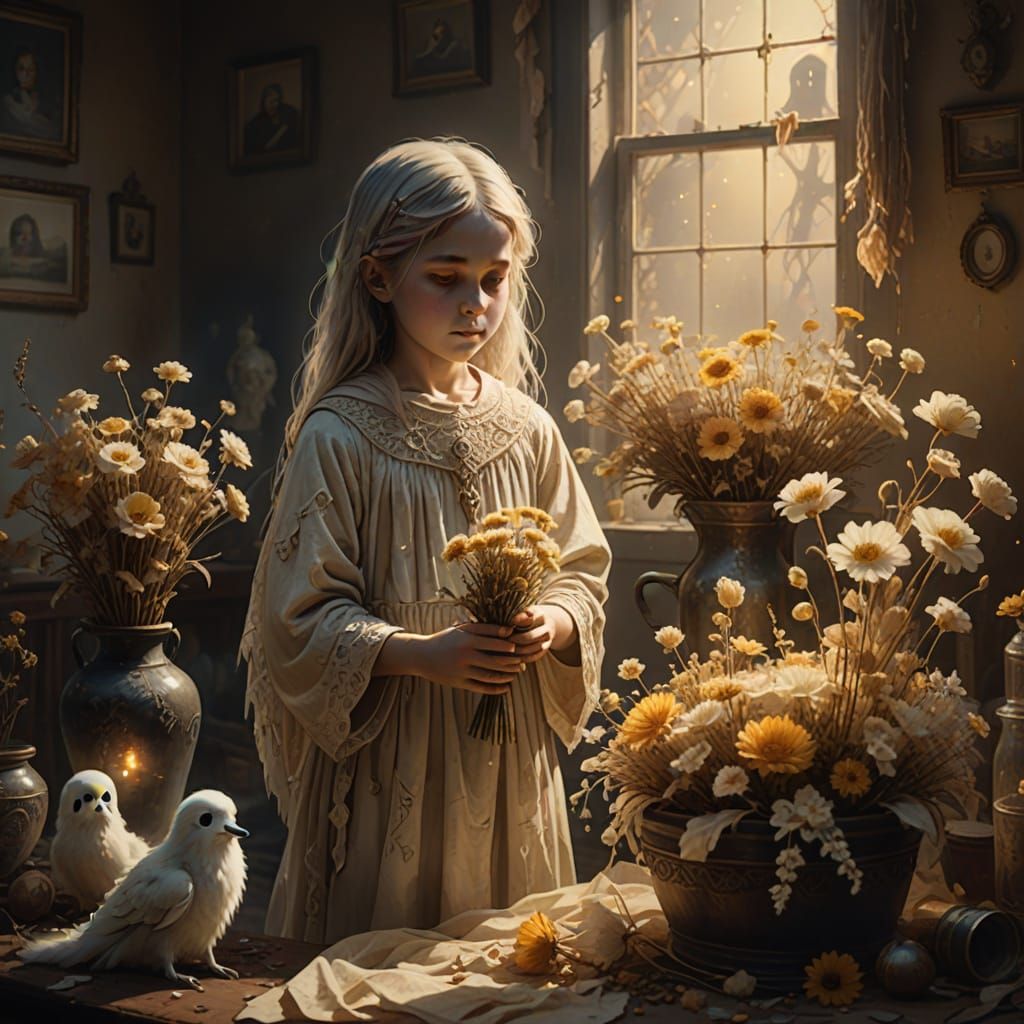 Ethereal Fantasy Scene of a Ghost Child Honoring Their Mothe...