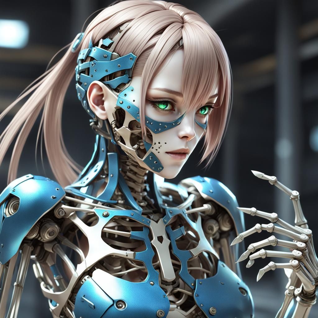 Female Android Revealing Metal Skeleton in 3D Anime Art