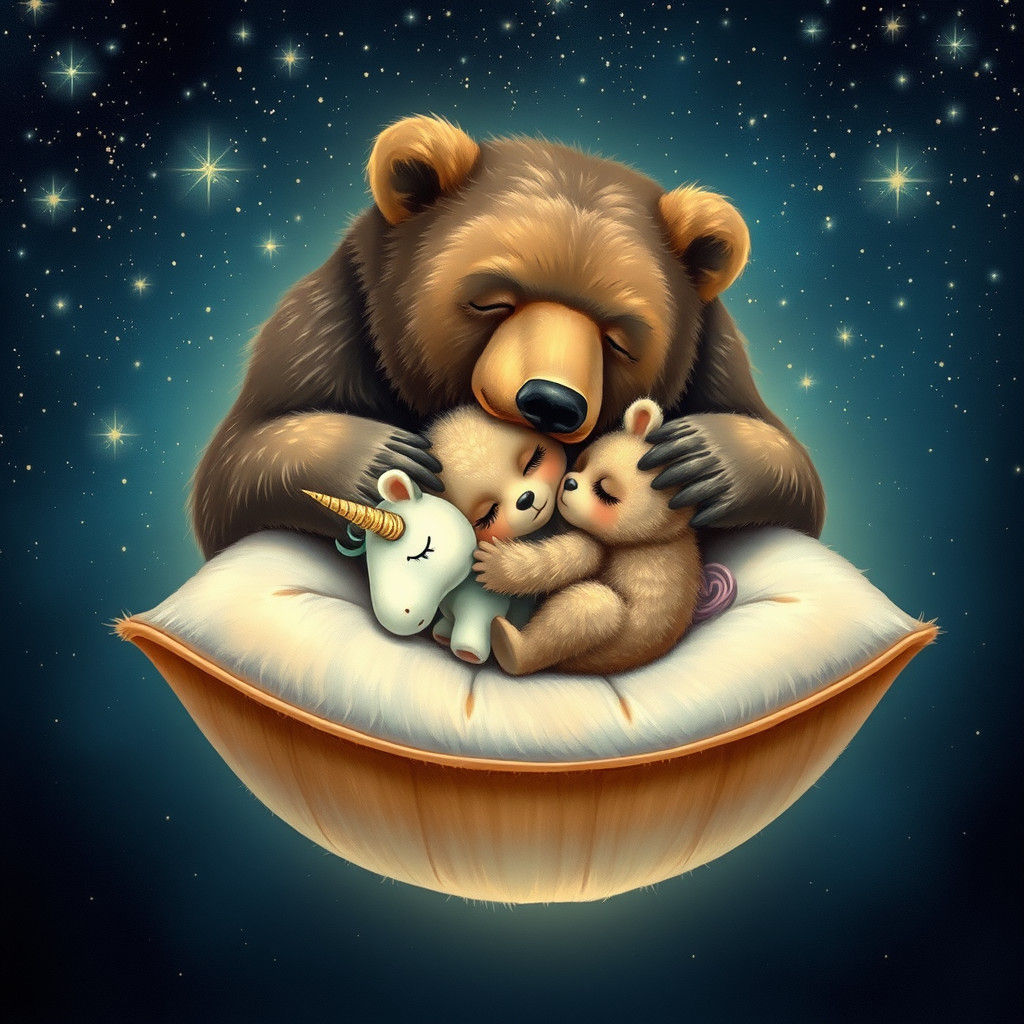 Dreamy Night Sky with Sleeping Baby Bear