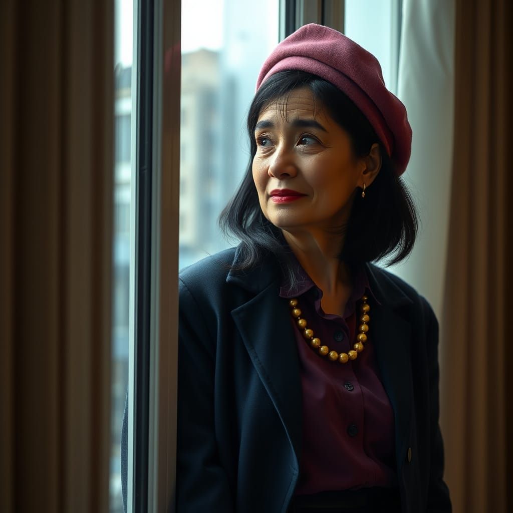 Middle-Aged Woman Gazes Out Window in Soft Focus