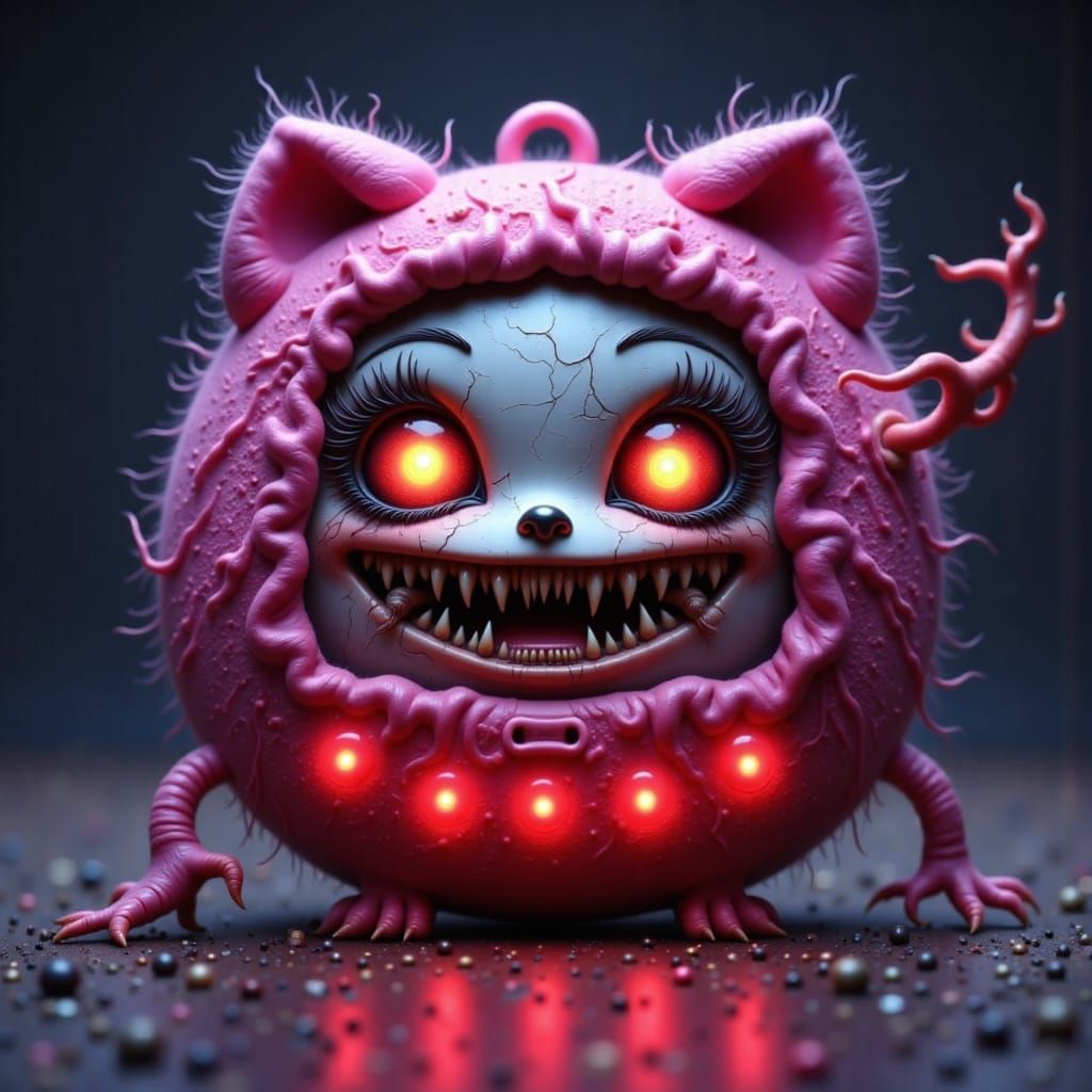 Distorted Chibi Digital Pet Toy with Glowing Red Buttons