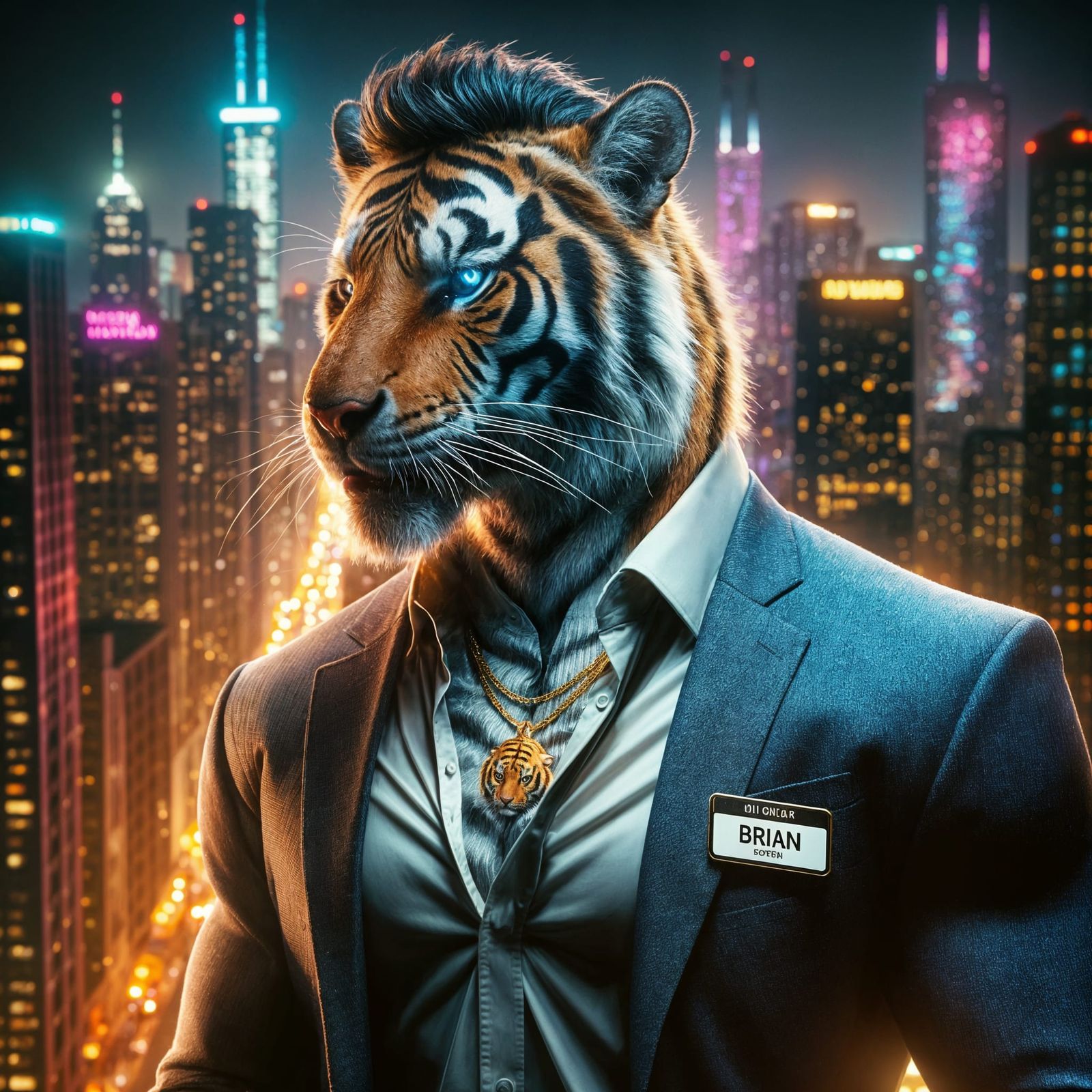 Surreal Tiger in Business Suit, Chicago at Night