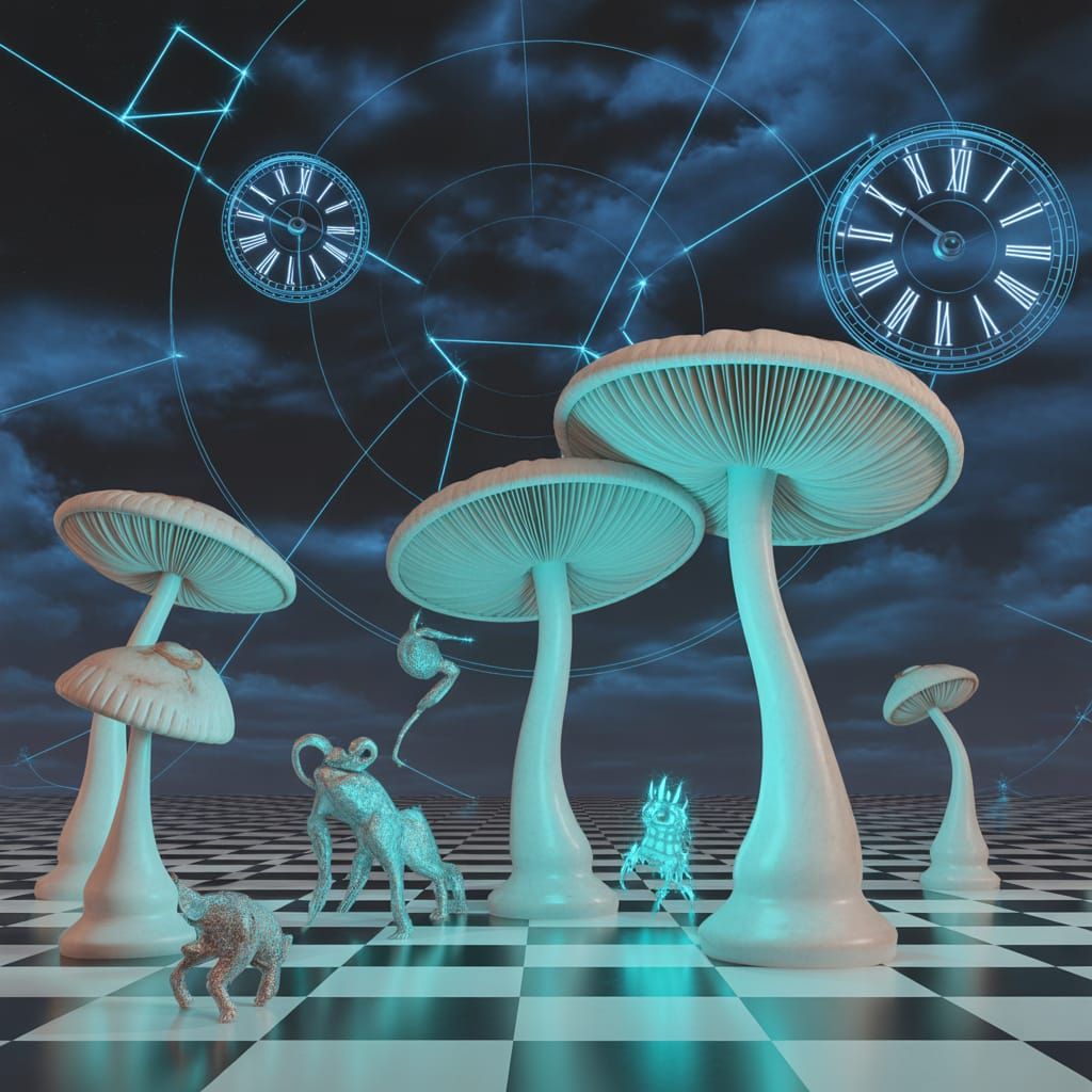 Giant Luminous Mushrooms on Chessboard Plain with Clockwork ...