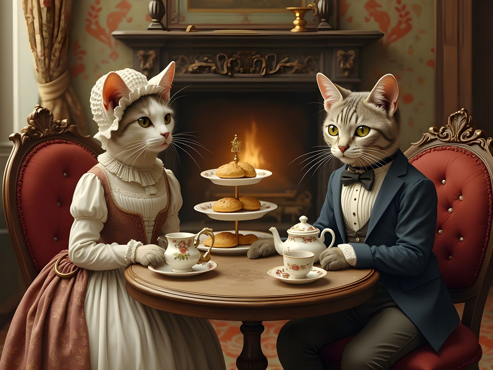 Victorian Cats Having Tea: A Whimsical Scene