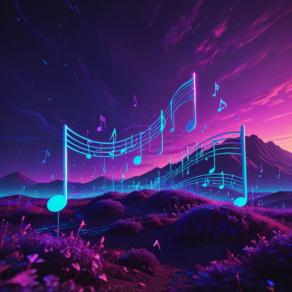 Synthwave Music Notes Flowing to Horizon in Neon