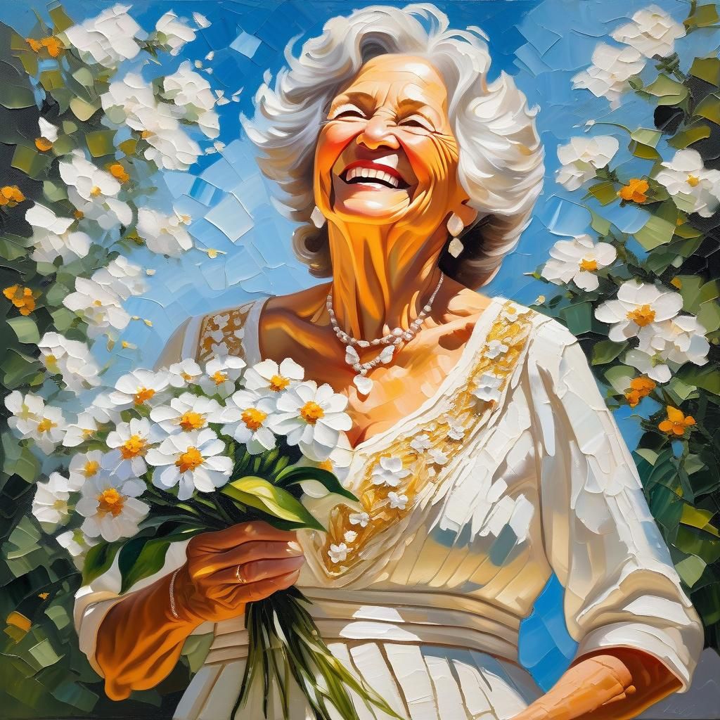 Joyful Woman in White Dress: Impasto Oil Painting