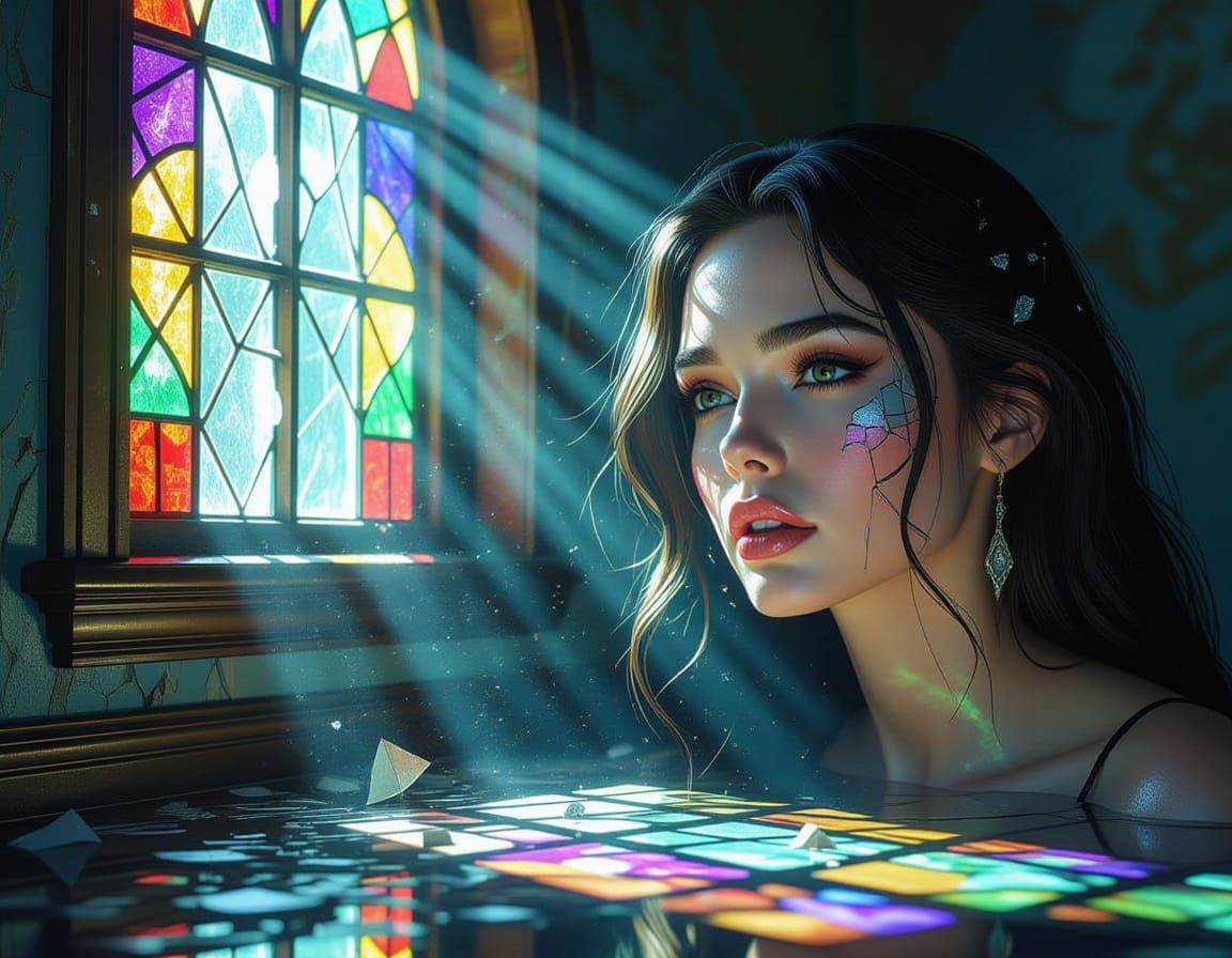 Surreal Rainbow Portrait of Damaged Woman in Sci-Fi Style