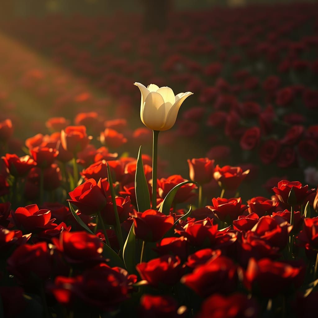 Majestic White Tulip Blooms Amidst Crimson Roses in a Vibran...