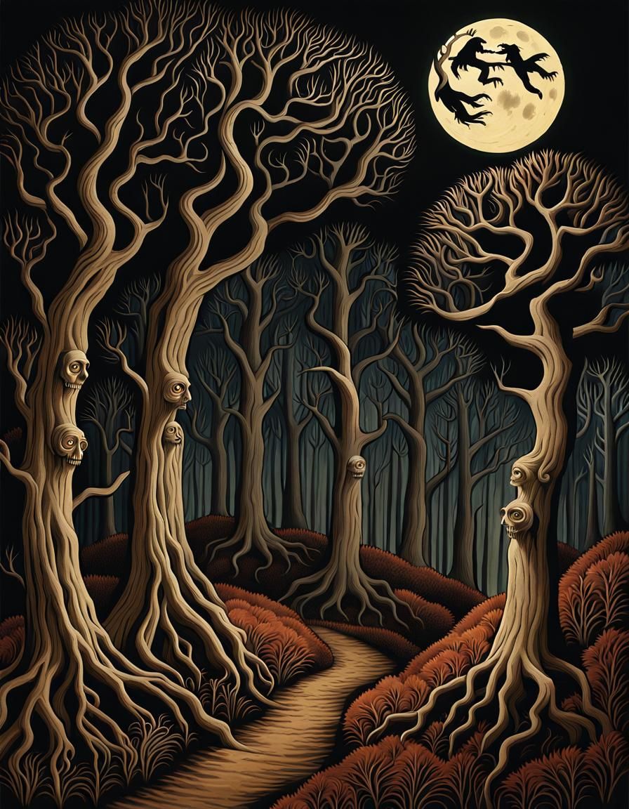 Menacing Ghouls in Eerie Forest: Folk Art Illustration