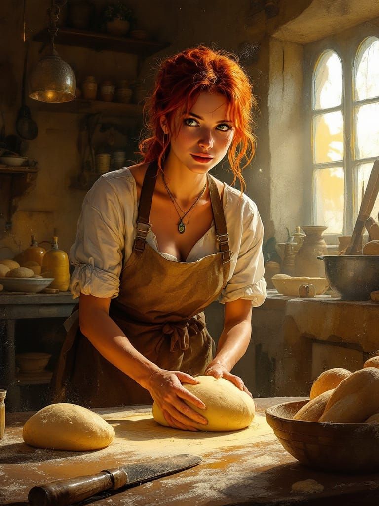 Redhead Baker Kneading Dough in Golden Kitchen Light