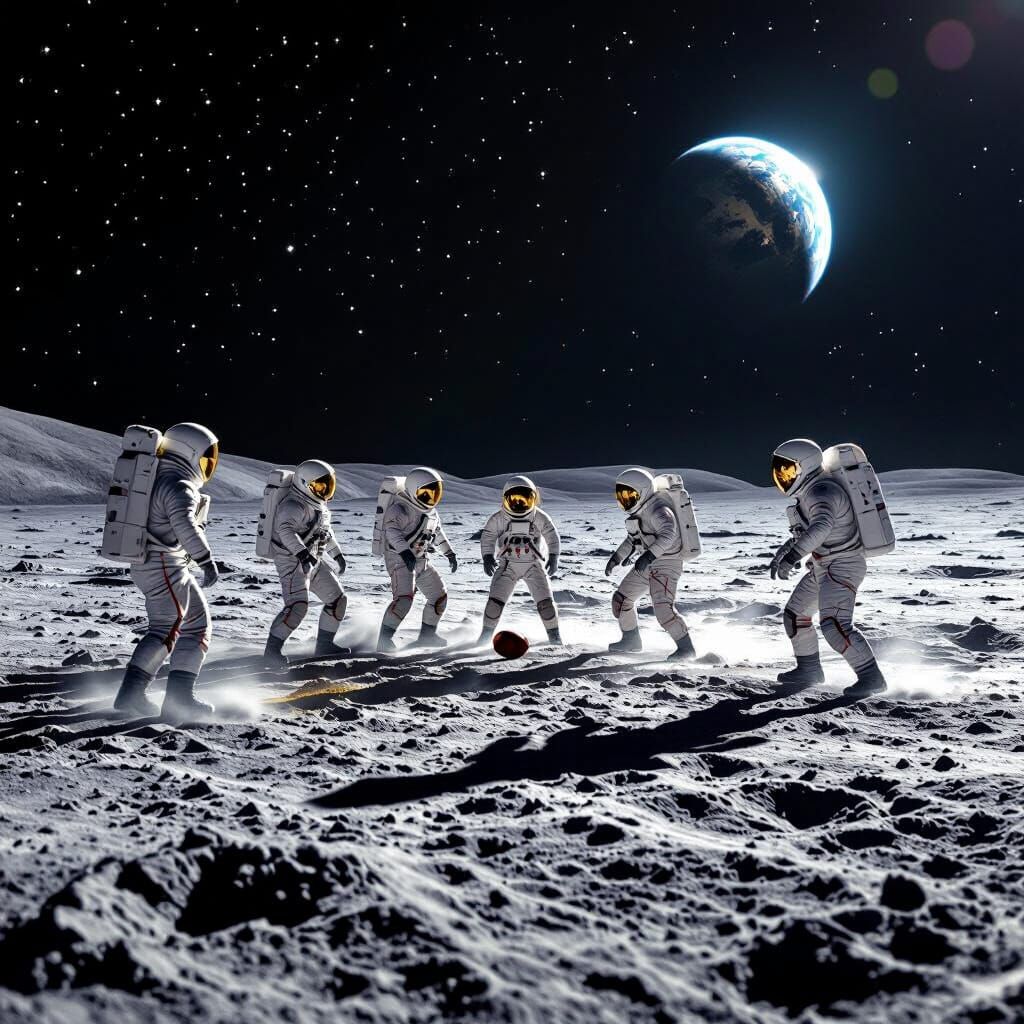 Astronauts Play Football on the Moon Under Earthlight