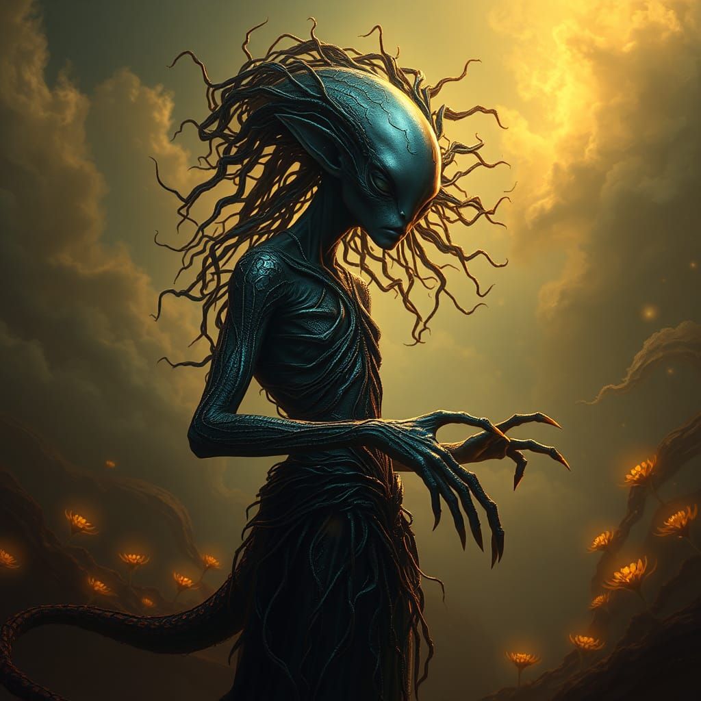 Humanoid Alien with Iridescent Scales in Golden Light