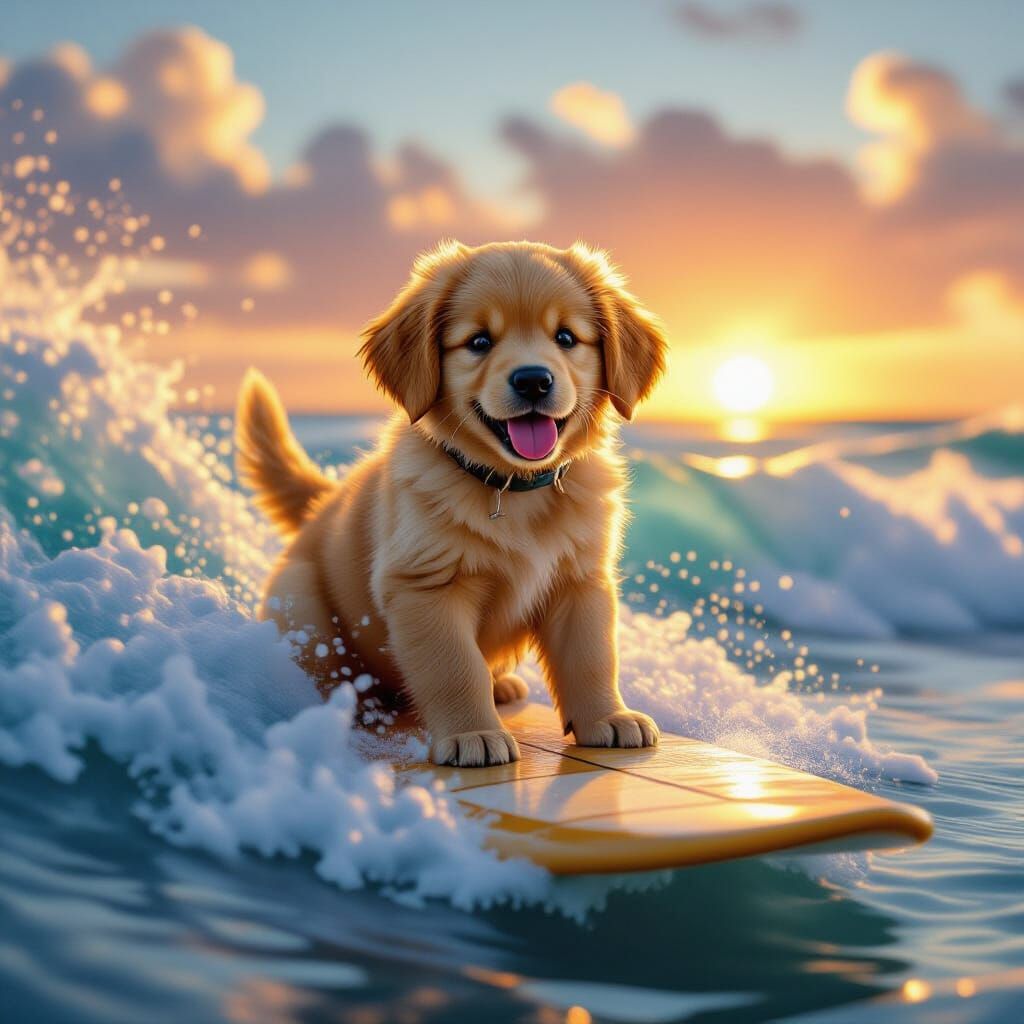 Golden Retriever Puppy Surfs Sunset Wave Digital Matte Paint...