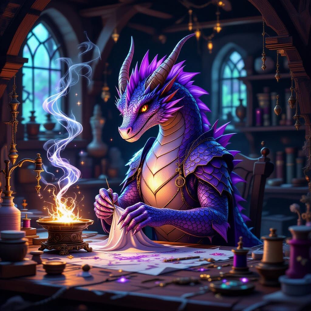 Dragon Tailor Sewing Starlight Fabric in Cozy Workshop