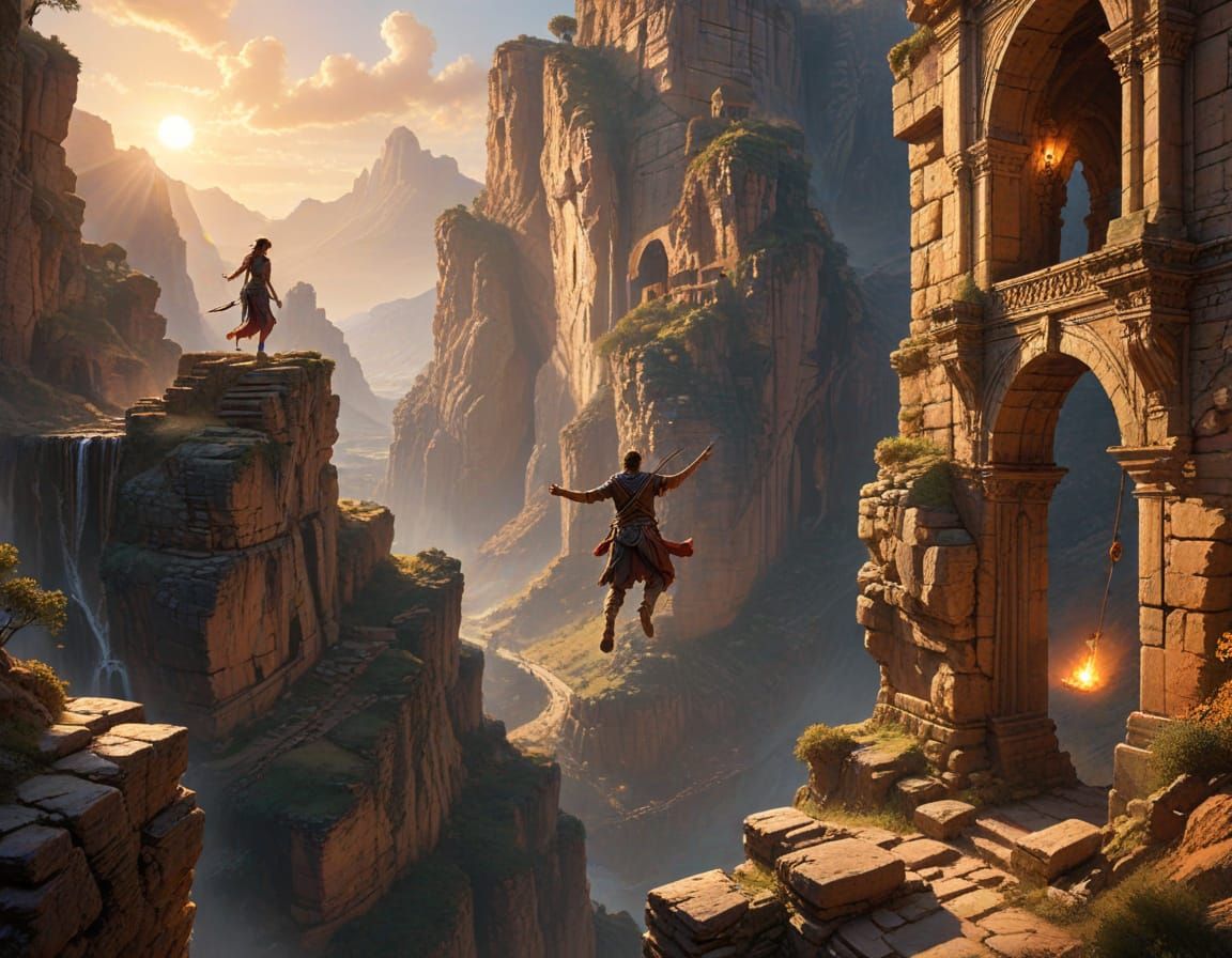 Adventurer's Leap: A Sunset Canyon Scene