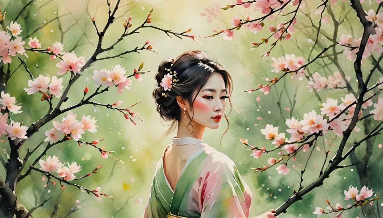 Elegant Woman in Japanese Watercolor Style