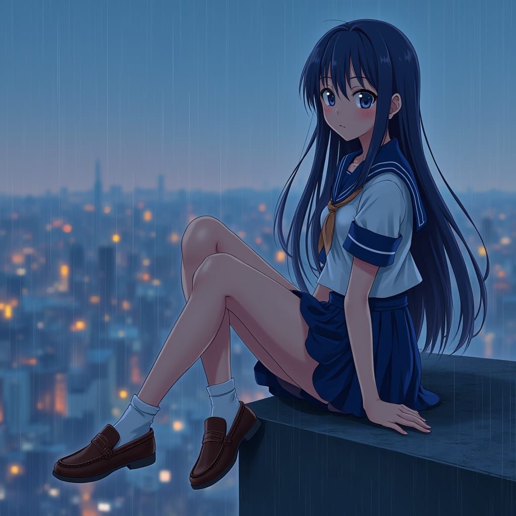 Giant Schoolgirl on Tokyo Skyscraper at Dusk