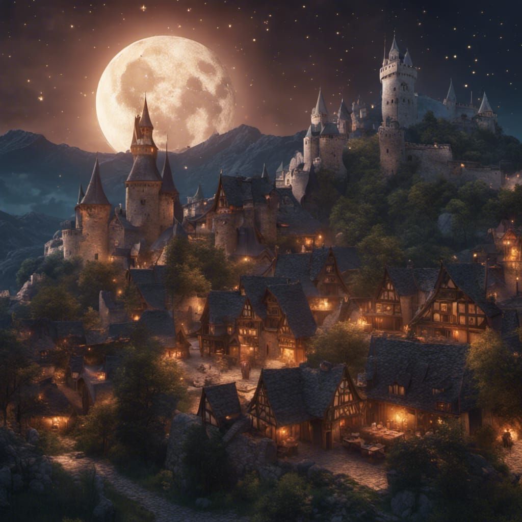 Medieval Night Market Under Moonlight