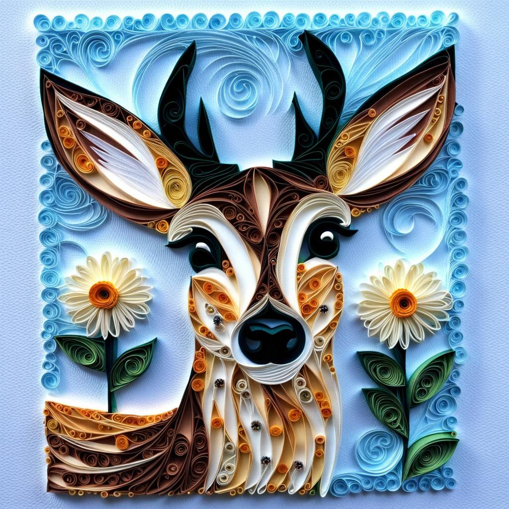 Quilled Paper Deer Doe Smelling Daisy