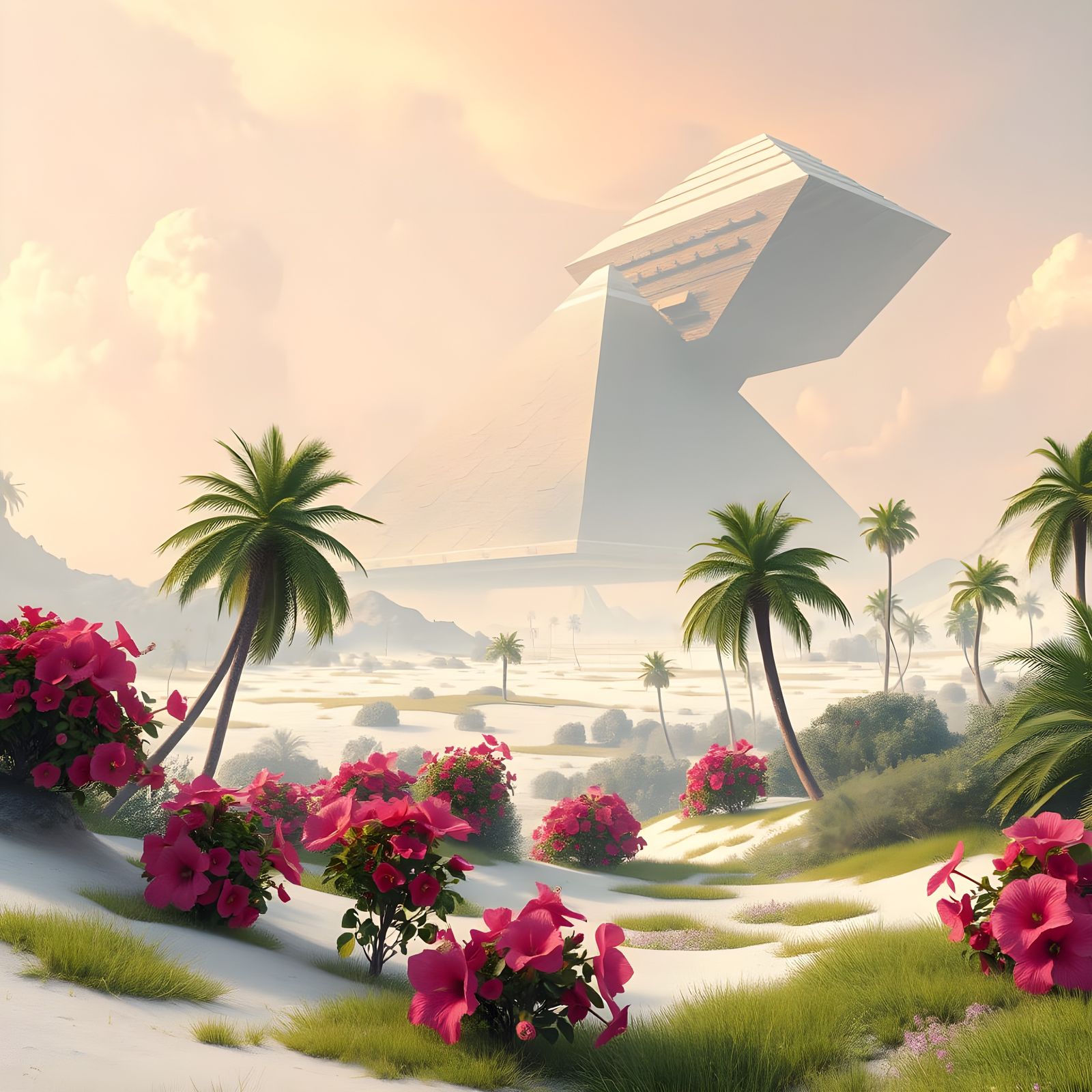 Futuristic Desert Rainforest with Floating Pyramid Mountain