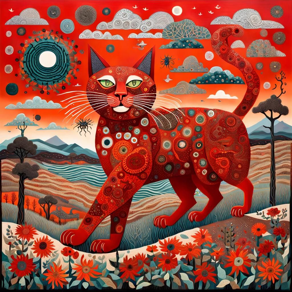 Whimsical Red Cat in Windstorm, Outsider Art