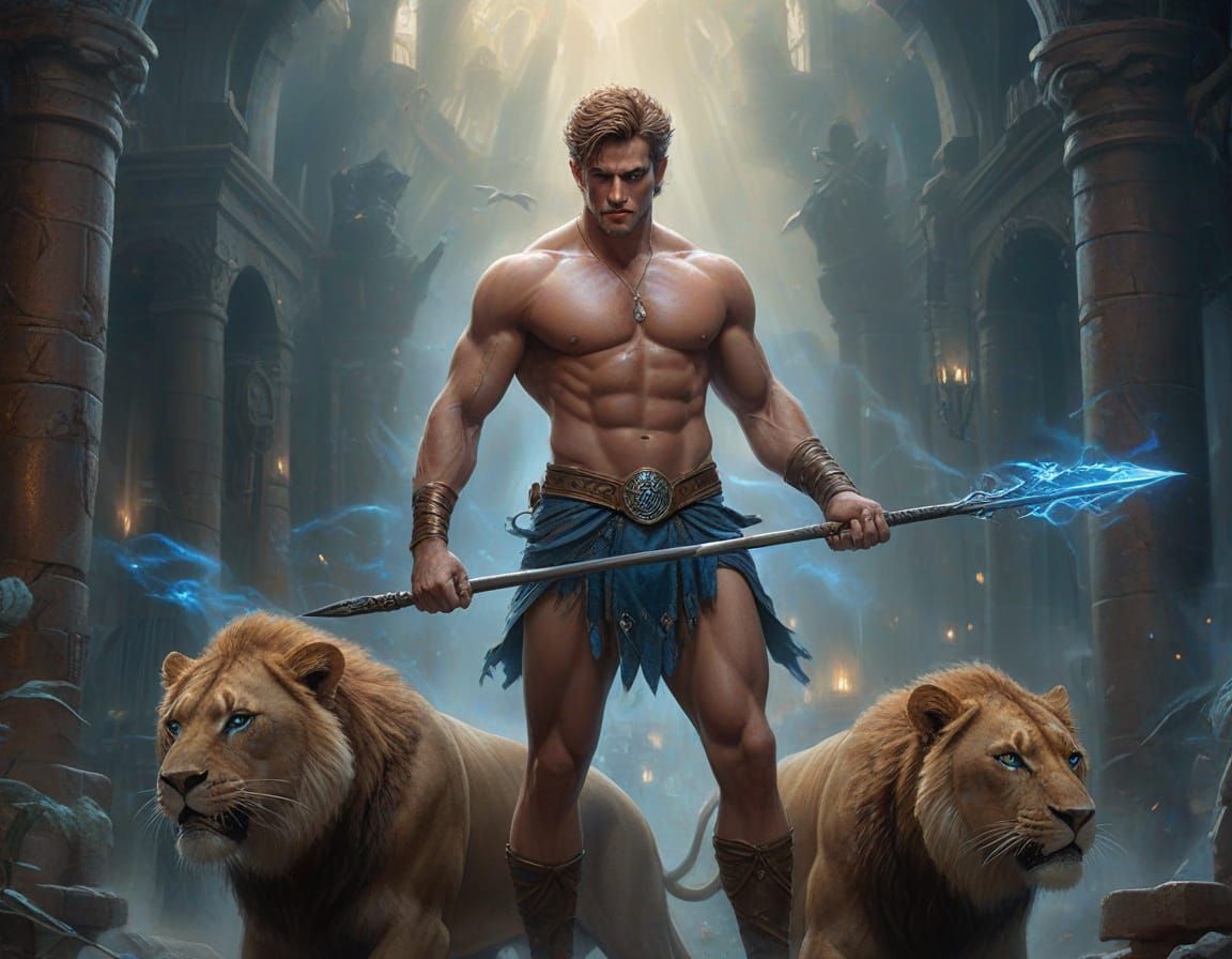 Tall Hero Battles Fiery Lions in a Misty Dungeon