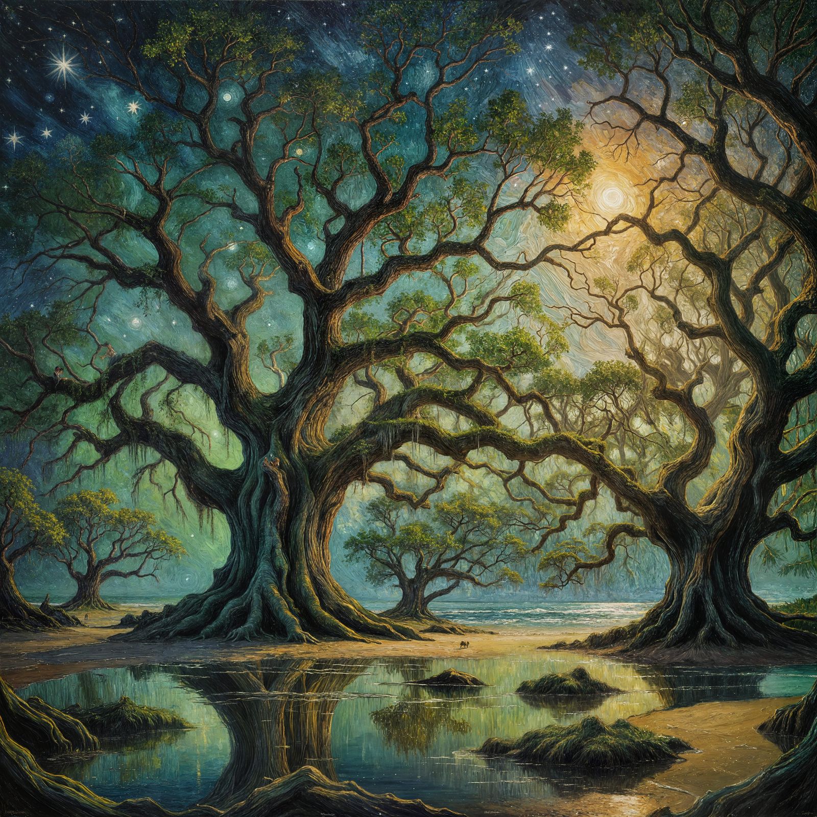 Tree Spirits Under Starlight: An Expressionist Oil Painting