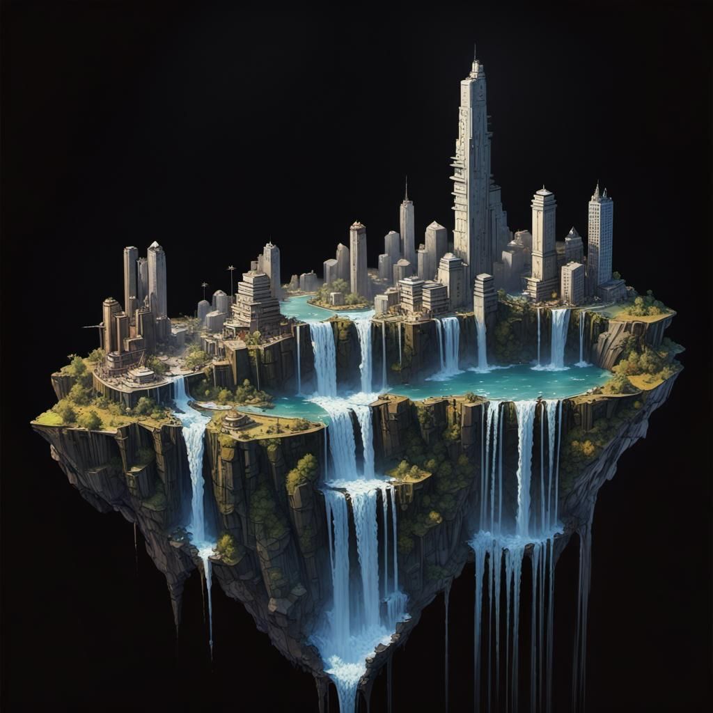 Futuristic City with Waterfalls in Hyperrealistic Style