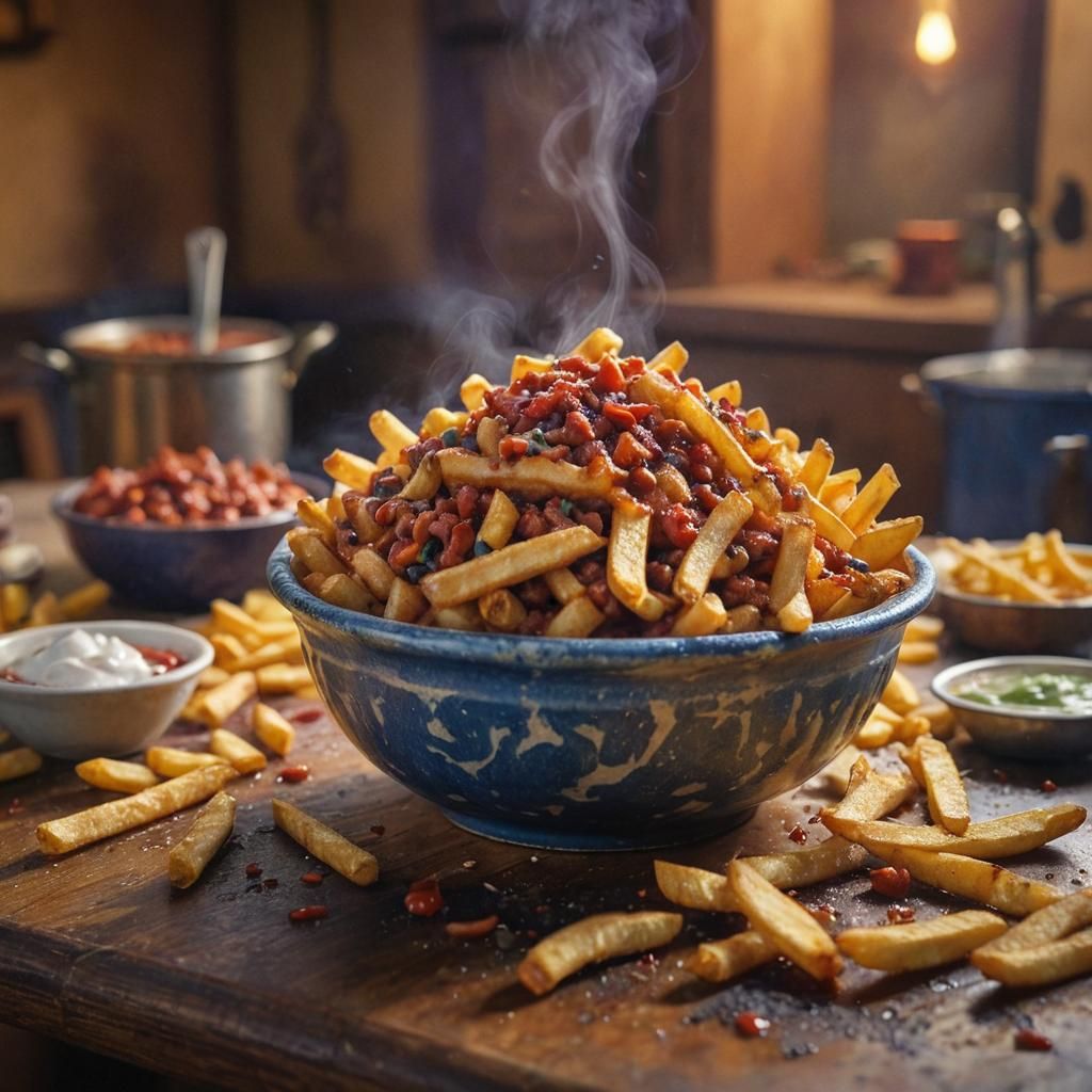 Chili Fries on Kitchen Table, Watercolor Painting