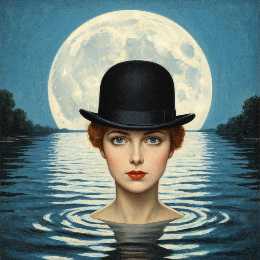 Surreal Woman in Bowler Hat Rises from Moonlit River