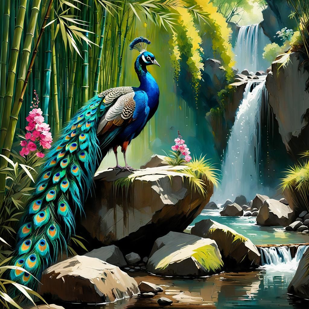 Detailed Peacock by Waterfall, Matte Painting