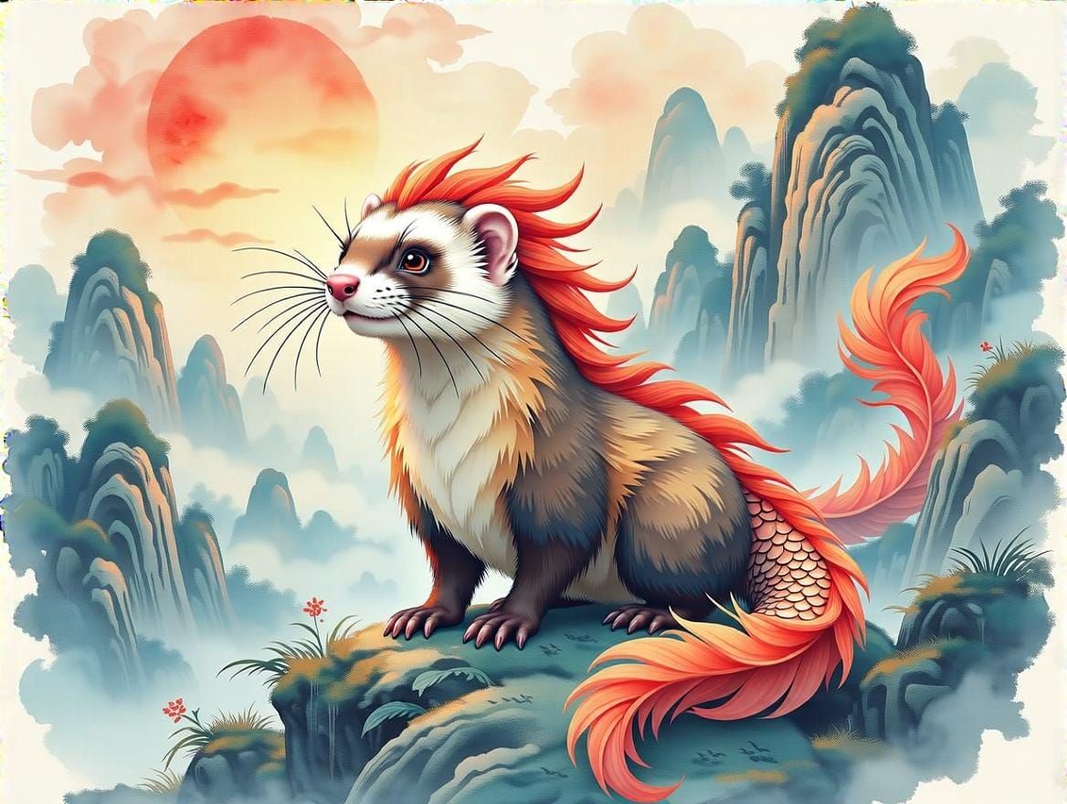 Ferret Dragon in Traditional Chinese Watercolor Style