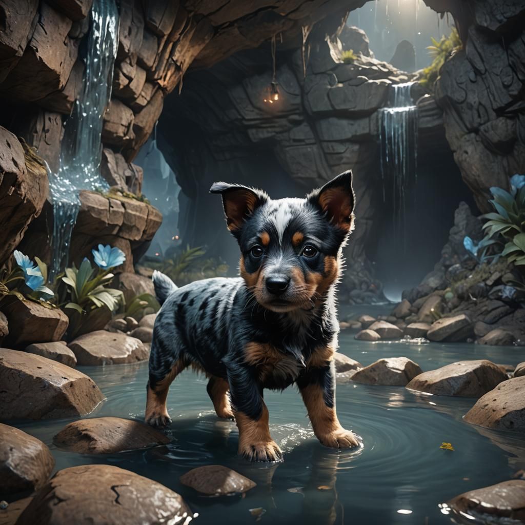 Blue Heeler Puppy in a Fantastical Cave Painting