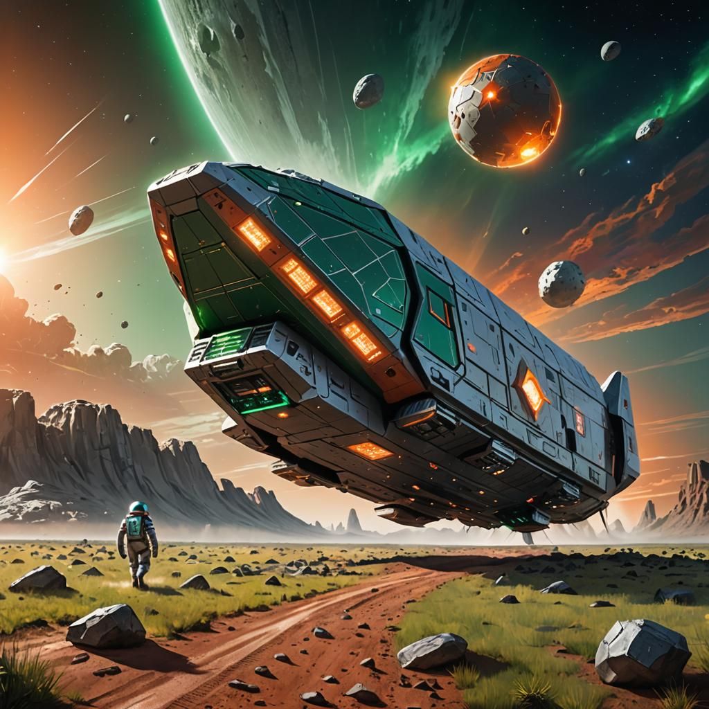 A space craft cargo and passenger ship. Landing on a terra form world. It's shaped like a elongated diamond. Grey armor ...