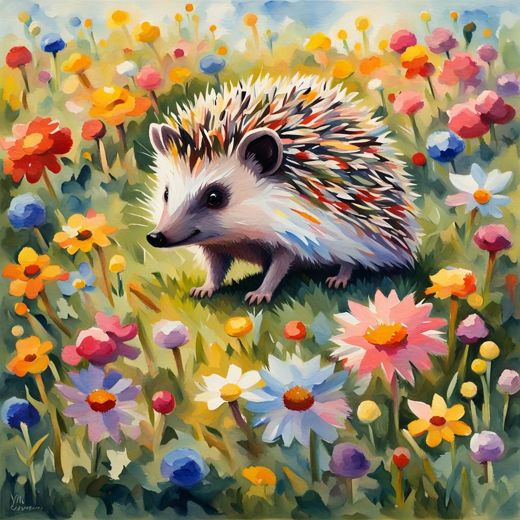 Hedgehog in Flowers, Gouache Watercolor Masterpiece