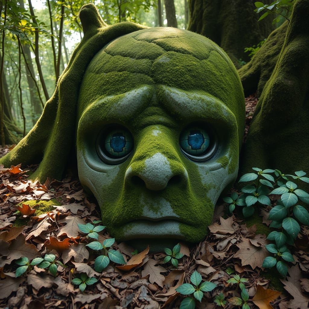 Mossy Stone Head in Forest, Surreal Style
