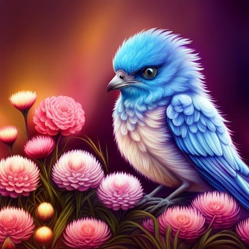 Cute Blue Bird with Fractal Flowers in Pixel Art