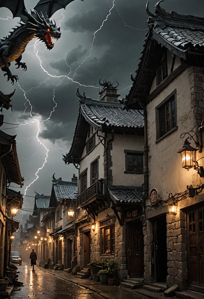 Dragon Flying Above Stormy Village Street