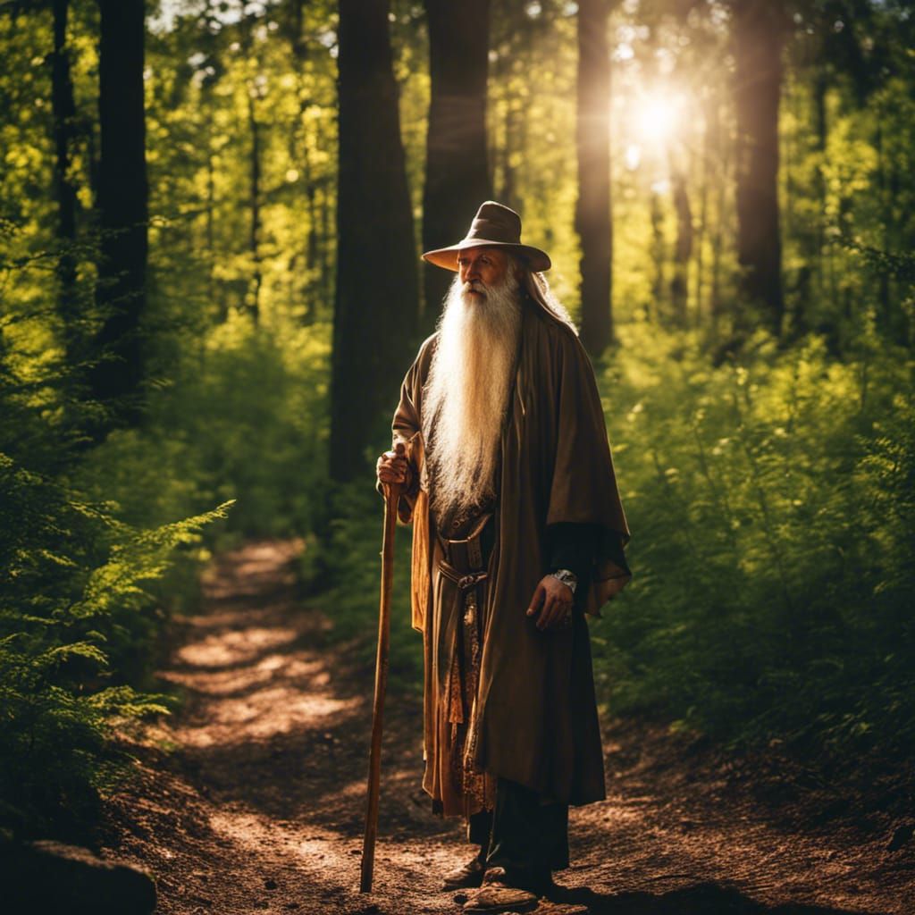 Old Mage Walking in Sunny Forest, 8K