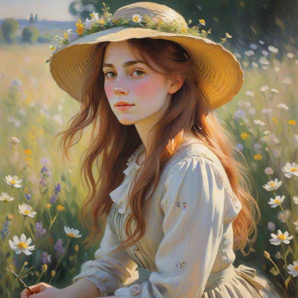 Woman in Wildflower Field: An Impressionistic Oil Painting